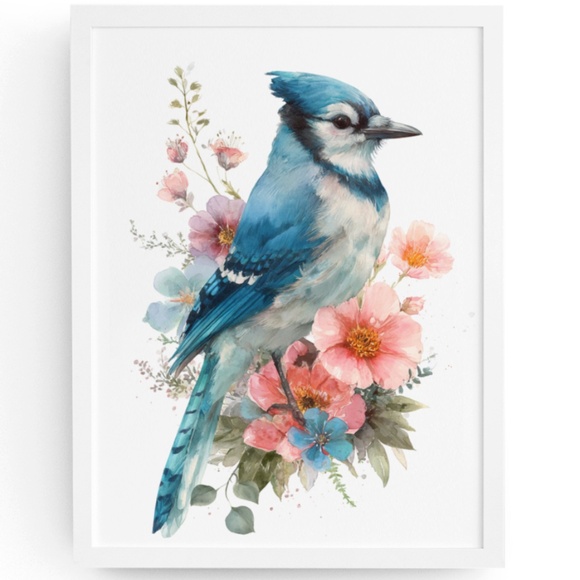 Watercolor Floral Blue Jay Art Print - Unframed Wall Decor - Picture 1 of 6